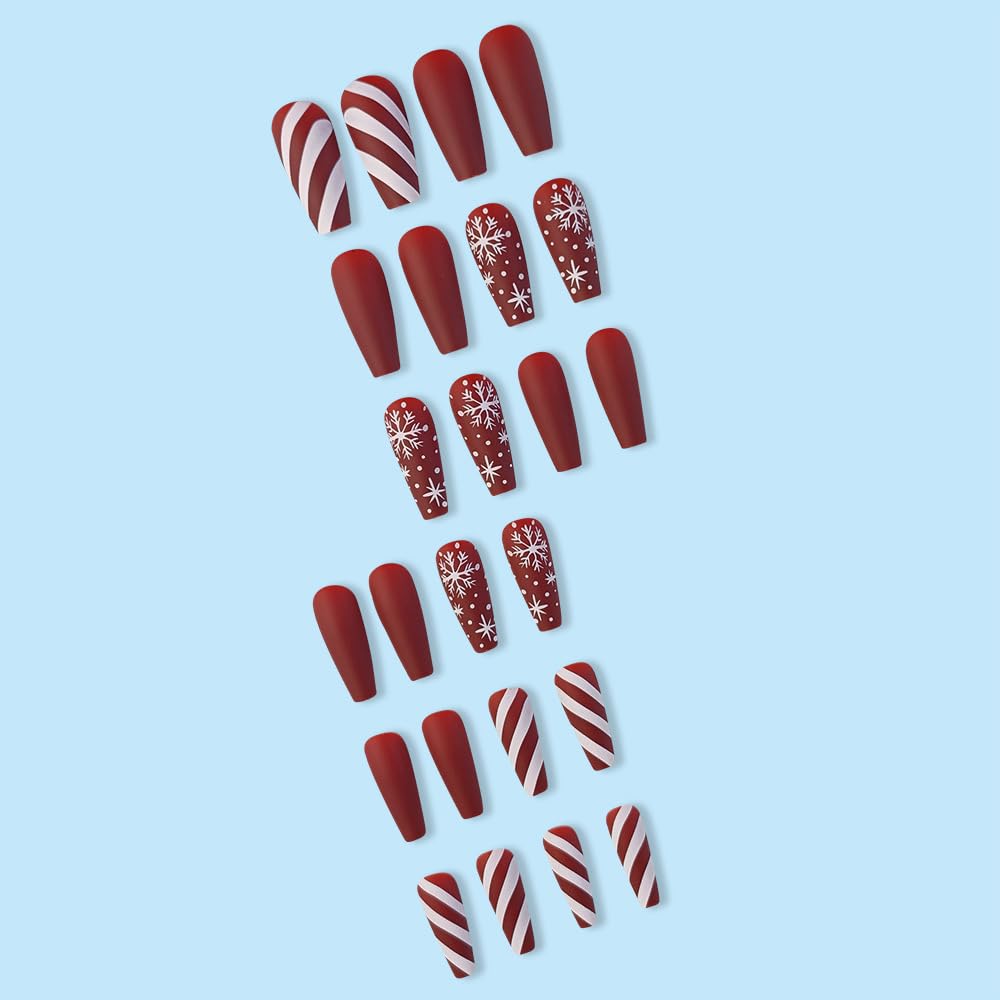 Christmas Press on Long Coffin False Nails Red Matte with Design Snowflake White Stripe Glue on Full Cover Winter Xmas Acrylic Stick on Nails for Women Manicure 24 Pcs
