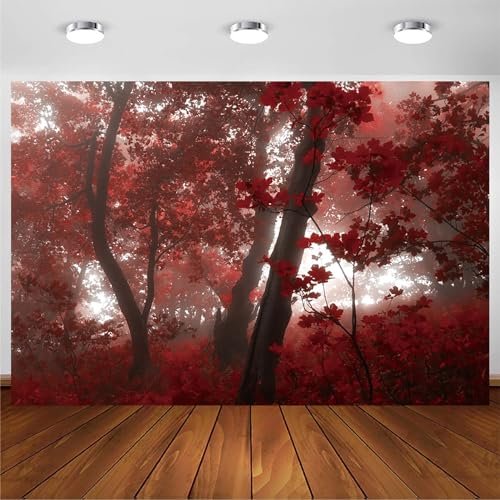 10x8ft Fall Maple Leaves Backdrop Autumn Scenery Misty Red Maple Forest Photography Background Natural Landscape Maple Trees Thanksgiving Party Kids Adults Travel Decor Banner Photo Props - size: 10x8ft