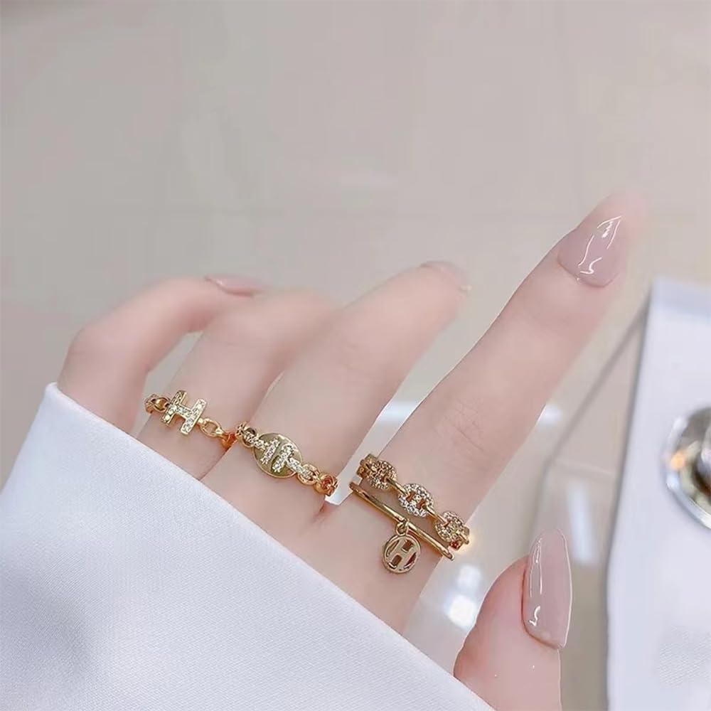 JONAYUOV 18K Gold Plated H Link Cubic Zirconia Diamond Open Ring Adjustable Double Band Stackable Statement Ring with Dangling H Charm for Women, Size 6-10