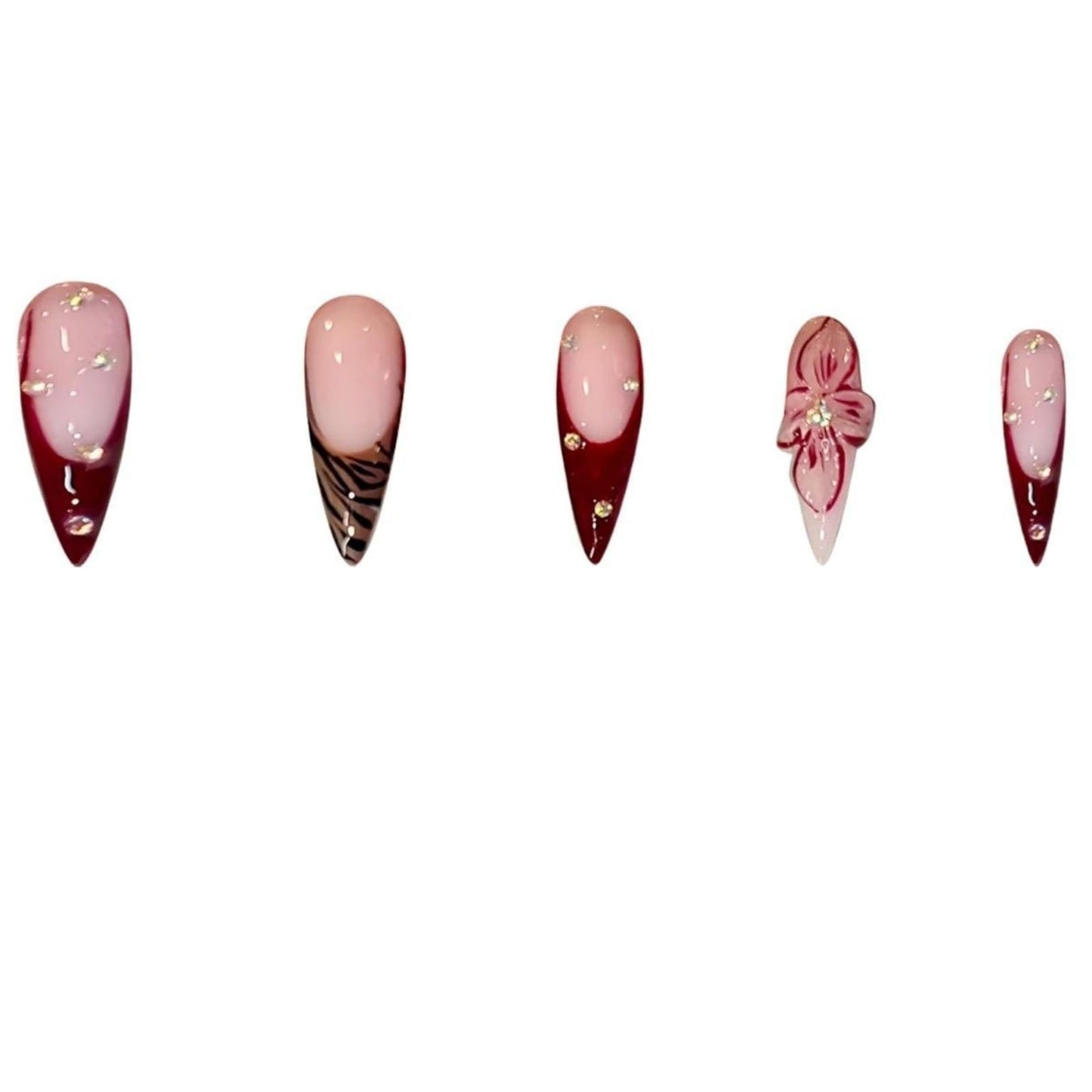 Long Press on Nails Stiletto Fake Nails French False Nails Brown Artificial Nails with Pink Flowers Designs Leopard Handmade Nails 3D Floral Stick on Nails for Women 24pcs