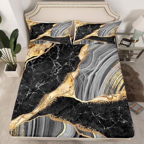 Black Marble Fitted Sheet Gold Metallic Marble Design Bedding Set Abstract Marble Texture Bed Sheet Set Modern Grey Gold Bed Cover Golden Streaks 3Pcs with 2 Pillow Case Queen Size - color: Multi Aa01, size: Queen