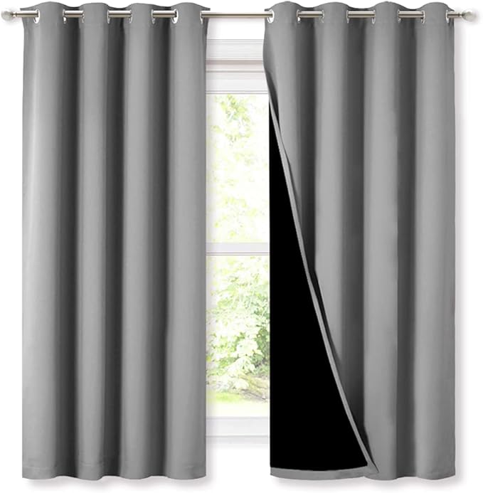 NICETOWN 100% Blackout Curtains with Black Liners, Thermal Insulated Full Blackout 2-Layer Lined Drapes, Energy Efficiency Window Draperies for Bedroom (Silver Grey, 2 Panels, 52-inch W by 63-inch L)