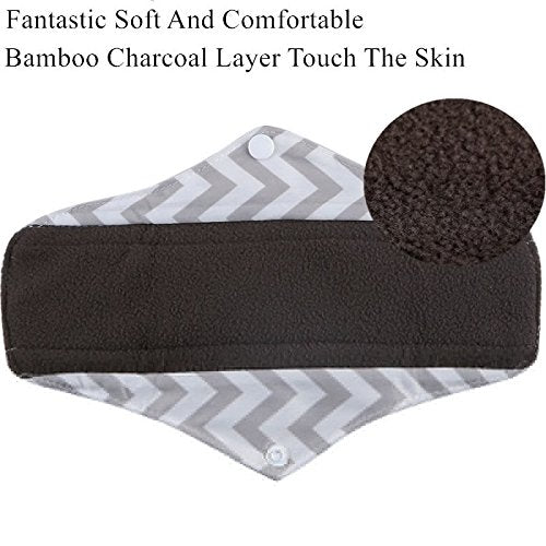 Reusable Waterproof Bamboo Charcoal Menstrual Pad Sets - Panty Liner Regular Flow Heavy Flow (Zhutan, m) - 6 Count - Mixed Multi colors Randomly