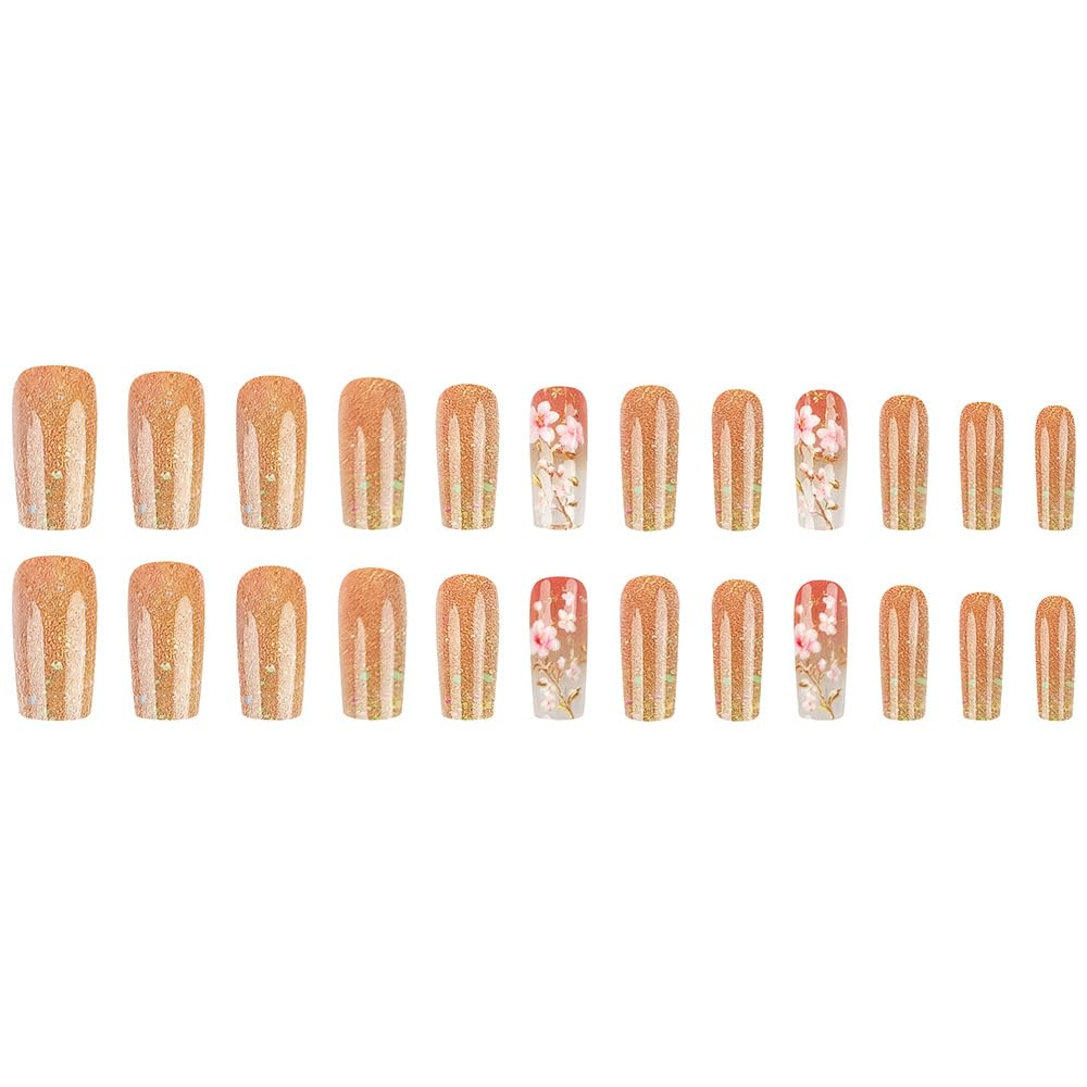 Medium Press on Nails Square Fake Nails Floral False Nails Sparkly Artificial Nails with Flowers Designs Stick on Nails for Women 24pcs