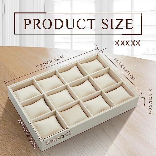 Henoyso 2 Pieces 12 Grid Velvet Watch Tray Jewelry Organizer Stackable Watch Bracelet Bangle Display Holder Adjustable Pillow(Beige) - color: Beige, size: 12 Grid