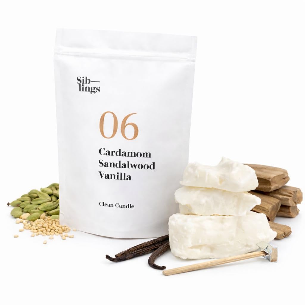 Siblings Candle Refill Kit – DIY Coconut Soy Wax Candle Making Kit for Reusable Vessels – Non-Toxic Clean Burn, Wooden Wick – Scent No 06: Cardamom, Sandalwood, Vanilla – 60 Hour Burn