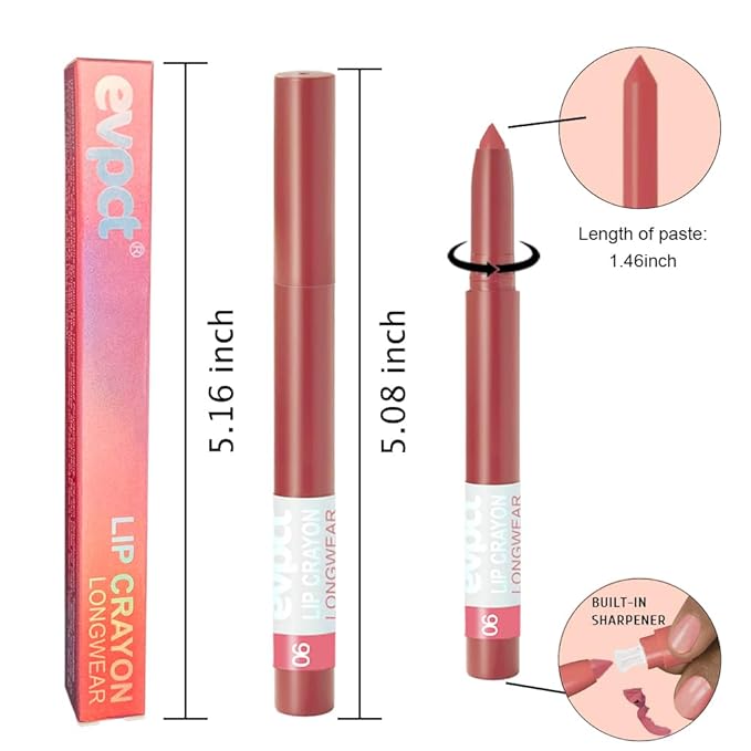 evpct Red Brown Lip Liner Crayon Pencils Set for Women, Matte Lip Stick Crayon Long Lasting, Lips Pencil Liner and Lipstick set, Lipliner Pencil, 24 Hours Long Wearing Lipstick, Built-in Sharpener 06