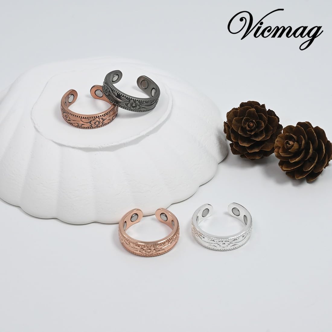 Vicmag Copper Magnetic Ring for Women, Magnetic Rings Ladies Fingers Thumb 100% Solid Pure Copper Jewelry Gift Adjustable (4PCS Flower)