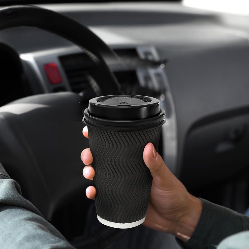 BYSNOW 100 Pack 16 oz Coffee Cups with Lids, Disposable Insulated Hot Cups To Go Paper Coffee Cups, Corrugated Ripple Wall Cup for Hot Drink, Office, Coffee Bar (Black 16 oz)