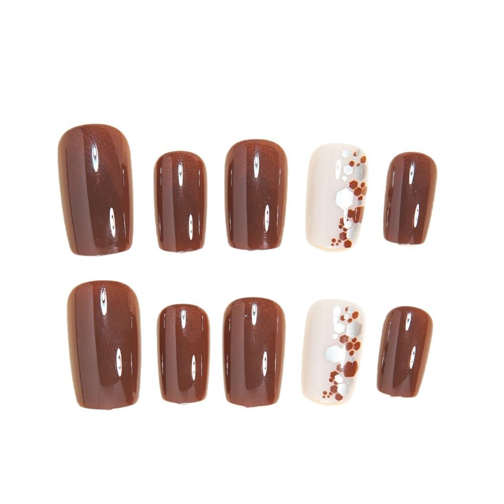 Square Press on Nails Short Fake Nails Brown Acrylic Full Cover Glossy Stick on False Nail for Women 24PCS