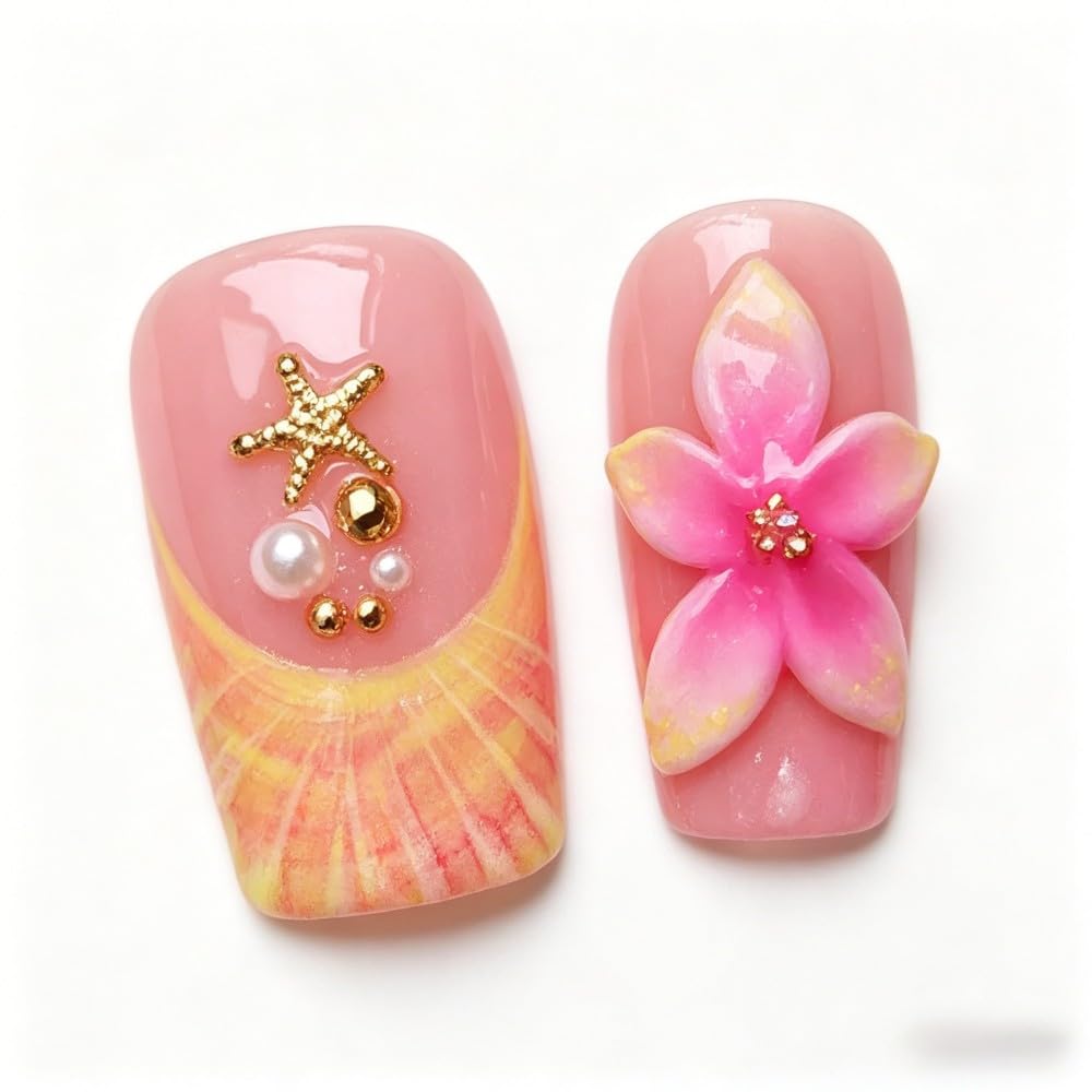 Vokupoga Square Handmade Press on Nails Medium Fake Nails with 3D Flower Pearl Designs French Tip Summer Beach Glossy Acrylic Nails for Women 10Pcs(Size M)