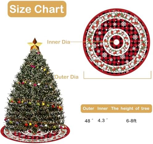 Holiday Christmas Tree Skirt, 48 inch Crimson and Black Checkered Christmas Tree Cover, Essential Decoration for Winter Celebrations Both Indoors and Outdoors