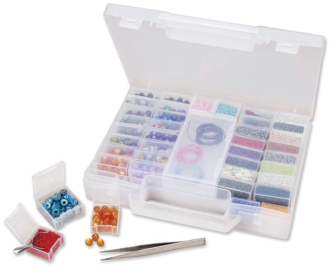 The Beadsmith Bead Organizer Carrying Case, 55 piece set, with removable compartments in assorted sizes, a carrying case, plus a bead scoop and tweezer.
