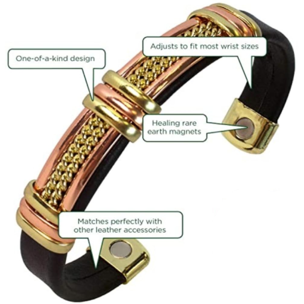 Chain Pattern Copper and Gold Leatherette Magnetic Healing Bracelet - Motorcycle Bracelet for Men and Women - Adjustable Sizing