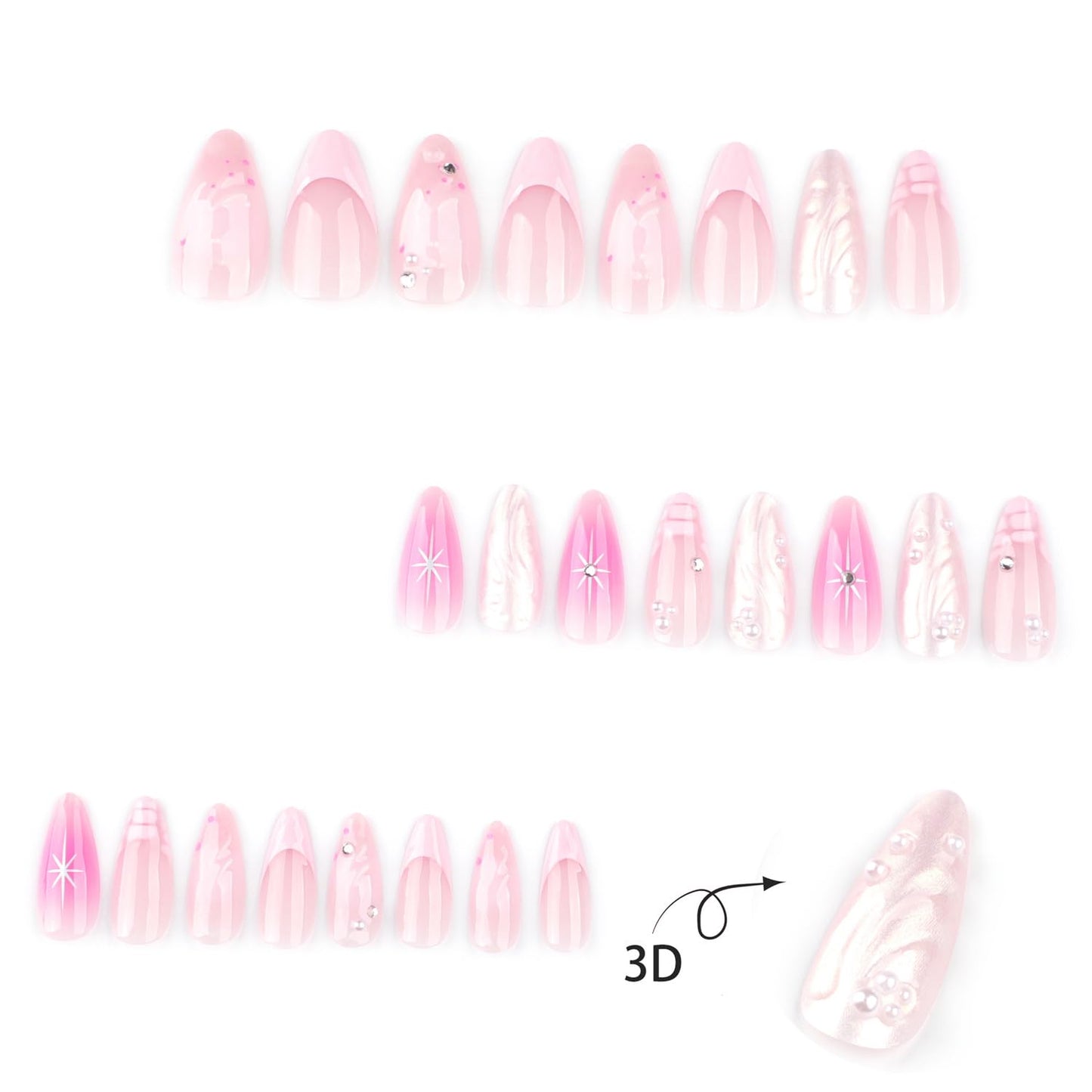 Pink Press on Nails Medium Almond Fake Nails 3D French Tip Water Ripple Artificial Glue on Nails with Rhinestone Pearl Charms Design Shiny Star False Nails Full Cover Stick on Nails for Women 24Pcs
