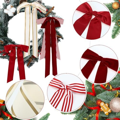Suncalla 8 Pcs Christmas Wreath Bows Farmhouse Stripe Velvet, 13.8-17.7 in