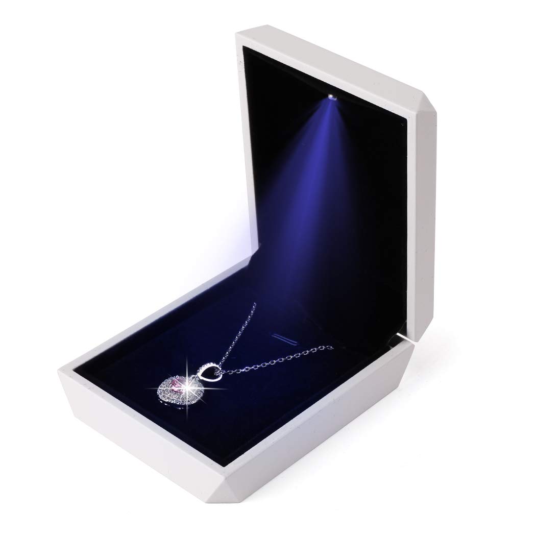 iSuperb LED Pendant Necklace Box Bracelet Box Couple Jewelry Gift Boxes Case Small Jewelry Display for Proposal Engagement Wedding (White)