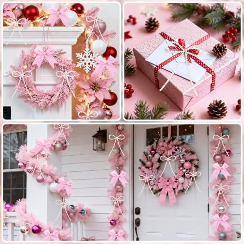 18 Pcs Pink Bow Ornaments for Christmas Tree,Include 6 White Pearl Bows 12 Pink Satin Ribbon Bows,Bow Ornaments Christmas Tree Toppers for Home Wreath Fireplace Xmas Gift Packaging Wedding Party Decor