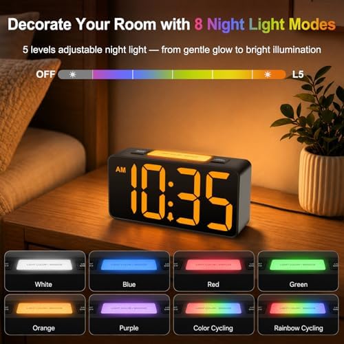 DreamSky Small Digital Alarm Clock with Night Light for Kids Bedroom | RGB Desk Clock with Large Numbers for Teens Boys, Brightness Dimmer, Adjustable Alarm Volume, USB Port, USB-C Adapter Powered