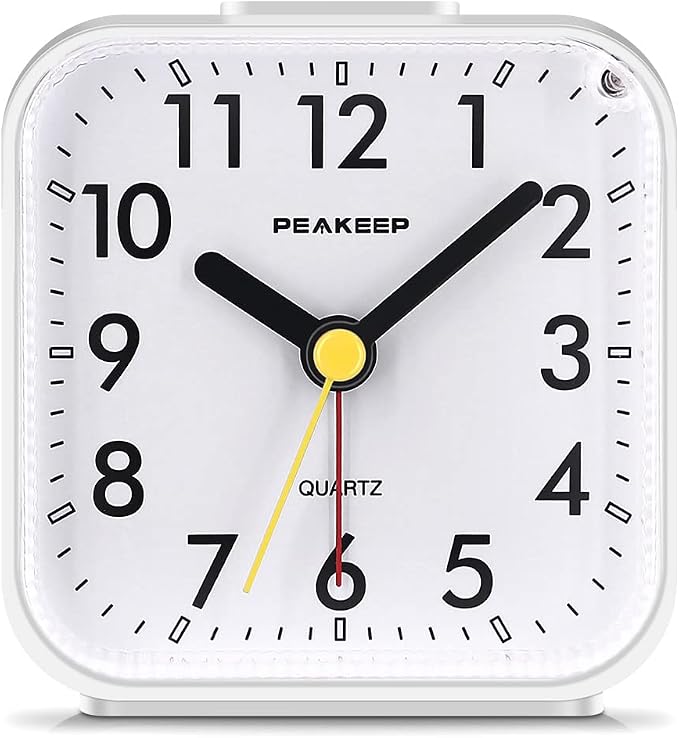 Peakeep Small Battery Operated Analog Travel Alarm Clock Silent | No Ticking, Lighted on Demand and Snooze, Beep Sounds, Gentle Wake, Ascending Alarm, Easy Set (White)