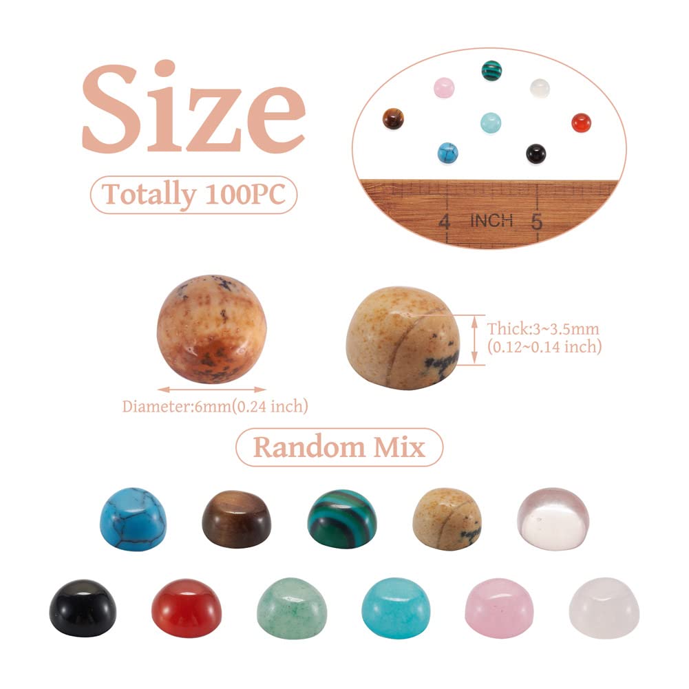 Fashewelry 100Pcs Cabochon Stone Half Round Beads 6mm Tiny Flat Back Gemstone Chakra Healing Crystal Cabs Cover Random Mixed Styles for Jewelry Making