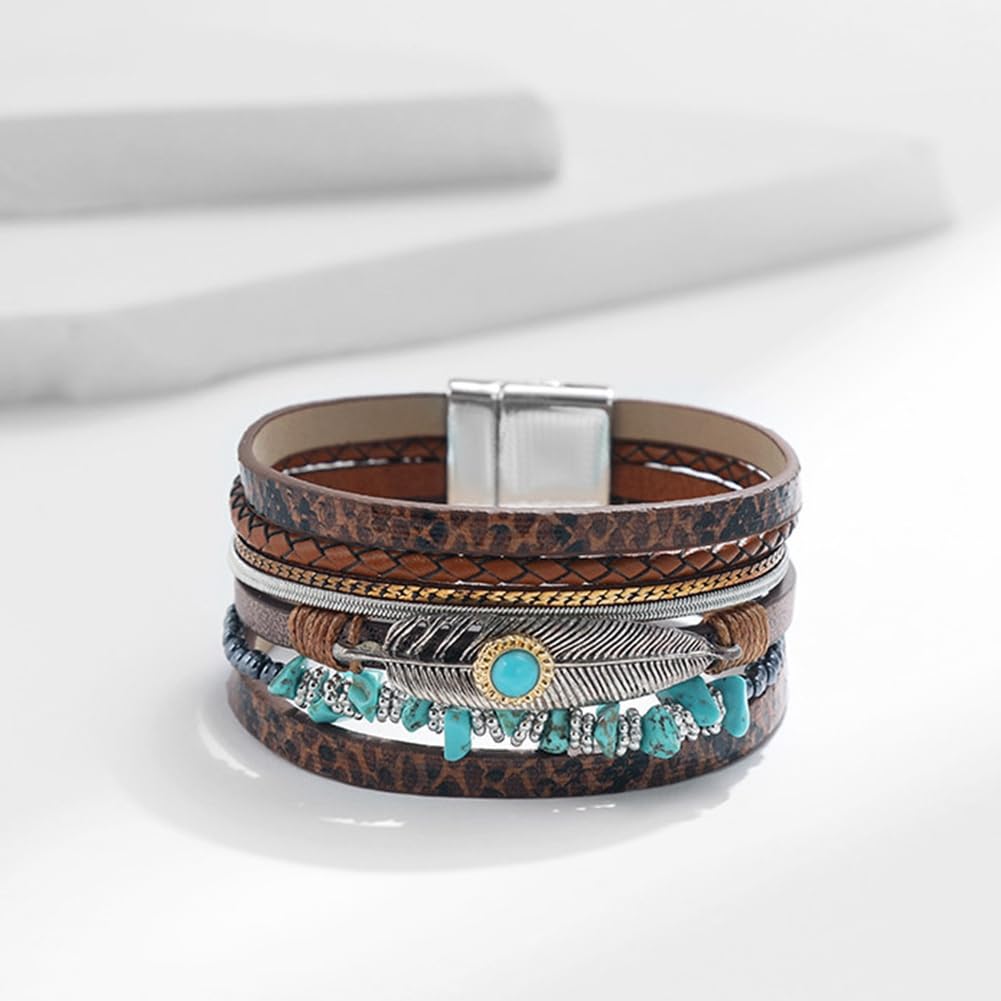 TSdiyART Turquoise Bracelet for Women, Boho Western Bracelet for Turquoise Jewelry, Leather Wrap Multi-Layer Turquoise Bracelet Bangle Jewelry (Brown)