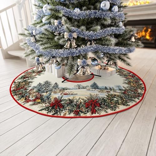 Flowers and Ribbons Tree Skirt 30"/36"/48" by Leo Walker Rustic Red Pink Hearts Romantic Love Christmas Tree Skirts Mother's Day Xmas Mat for Holiday Festival Party Wedding Decor