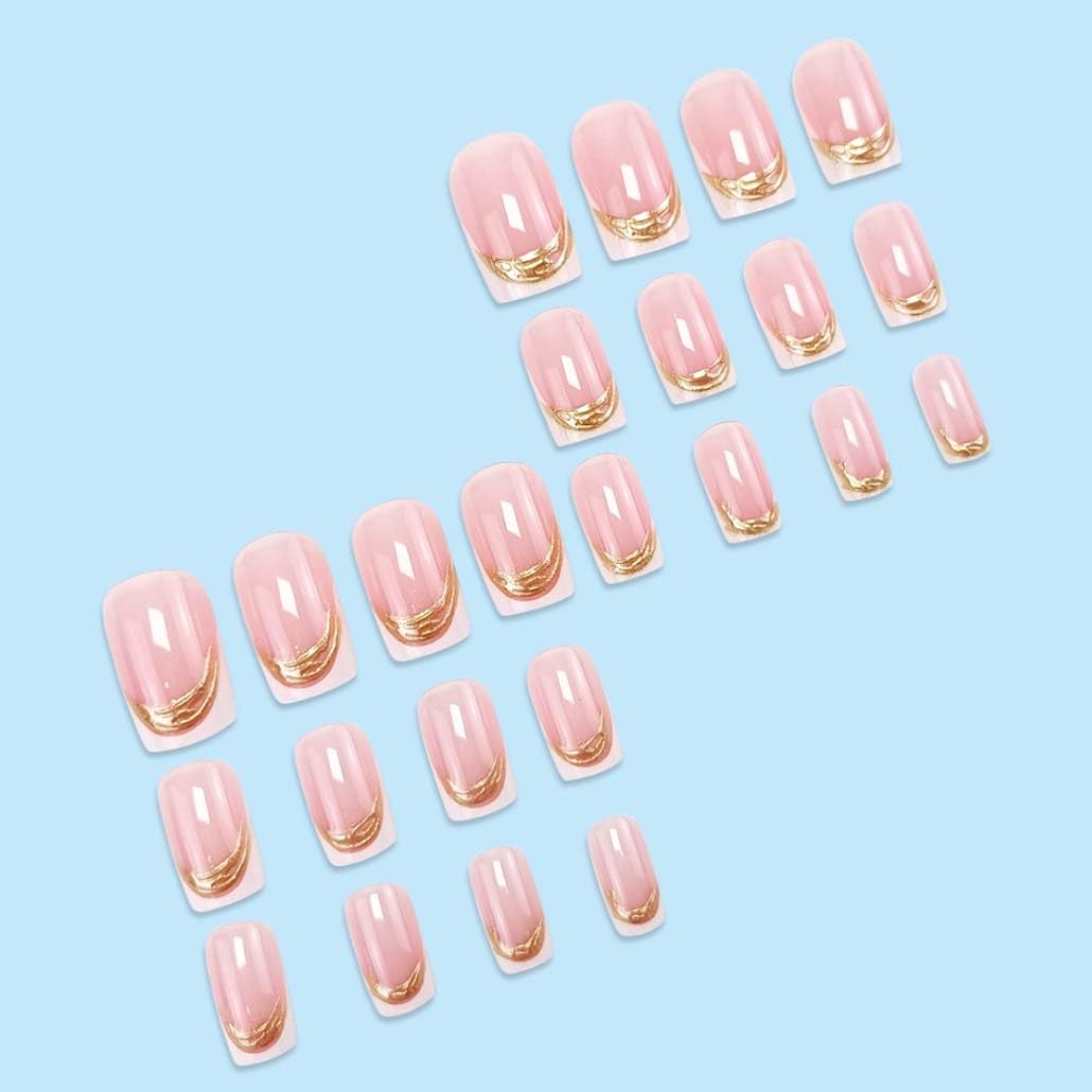 Foccna Short Press on Nails Square Fake Nails French Tip False Nails with Gold Line Design Glue on Nails Acrylic Nails Glossy Full Cover Stick on Nails for Women 24Pcs