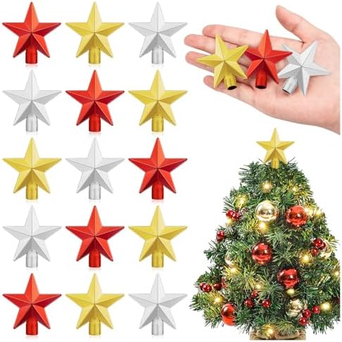 15Pcs Small Christmas Tree Topper, Mini Tree Topper Stars, 2.36 Inch Christmas Red Gold Silver Star Trees Top for Xmas Holiday Trees Ornament Home Decor