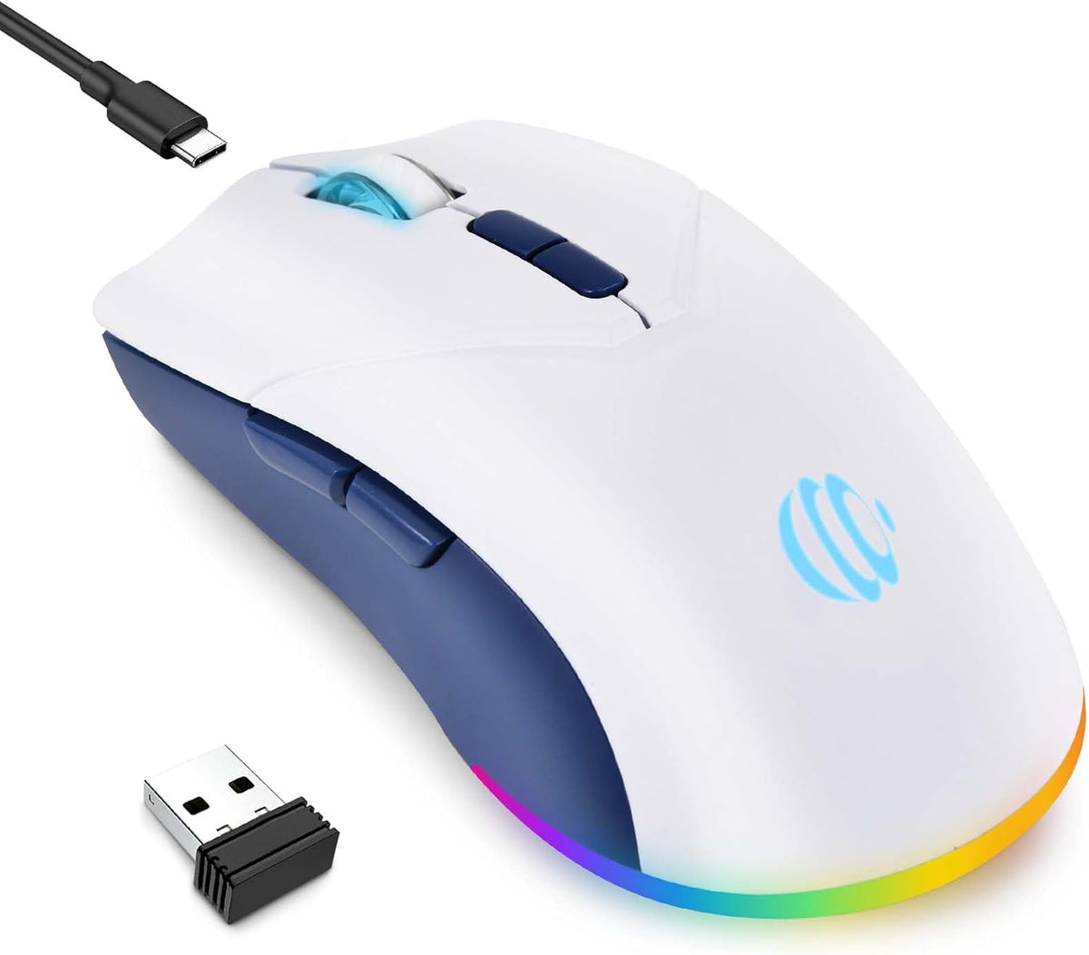 Wireless Bluetooth Mouse, 2.4G and Bluetooth 5.2 Ergonomic Rechargeable USB Optical Mouse, 3 Adjustment DPI，1600 DPI Dual Mode Silent Wireless Mouse for Mac，Laptop, PC, Windows.(White)
