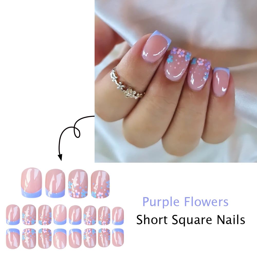 French Tip Press on Nails Short Square Fake Nails Flower False Nails Spring Floral Acrylic Nails Reusable Full Cover Stick on Nail for Women