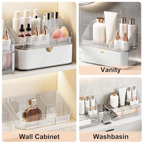 DASITON Makeup Organizer with Drawers, 2 Tier Stackable Organizer for Cosmetics, Skincare, Lipsticks, Makeup Brush, Acrylic Small Makeup Organizers for Vanity Bathroom Countertop Desk Storage (White)