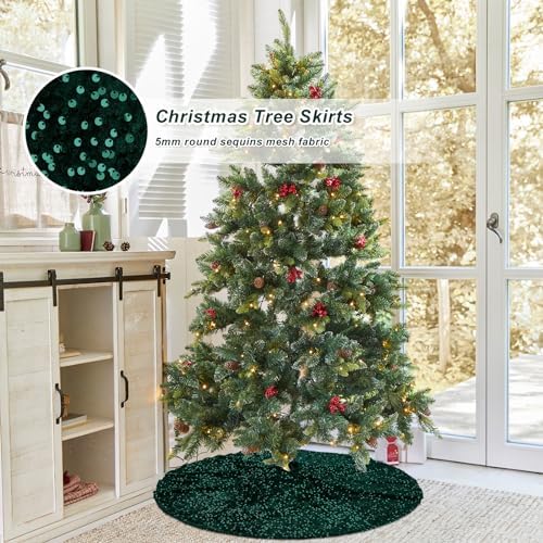 Christmas Tree Skirt 48 Inches Round Emerald Green Tree Floor Mat Sparkly Velvet Tree Skirts for 6ft Xmas Tree Decorations