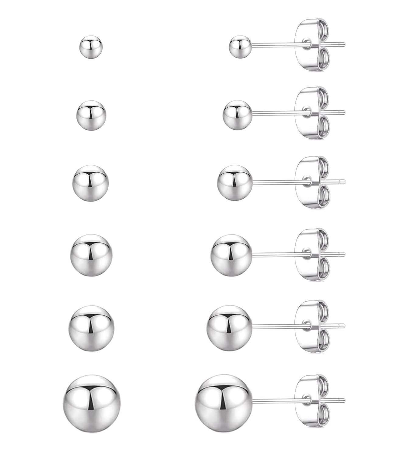 6 Pairs Stainless Steel Ball Stud Earrings Set for Women Men, Hypoallergenic Tiny Round Stud Earrings Multipack, 20G Small Silver Ball Earrings for Multiple Piercings Cartilage Earlobe, 2/3/4/5/6/8mm