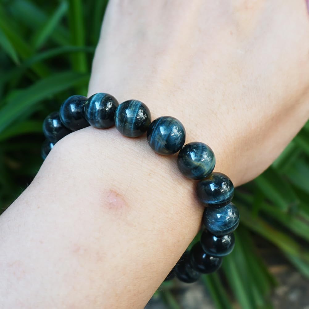 TaHLga Blue Tigers Eye Mens Bracelet 14MM | Fits for About 8" XLarge Wrist | Natural Solar Plexus Chakra Gemstones | Bring Luck Wealth Courage | Protection from Evil | Gift