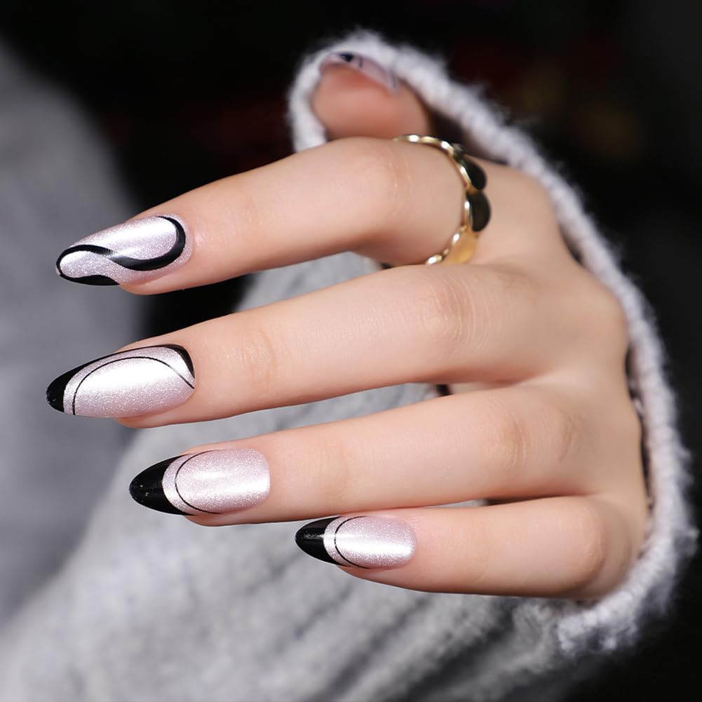 WAFOLOZE Press On Nails Long Almond Fake Nails Holiday Nail Press Ons With Simple Black Lines Cat's Eye Design, Artificial False Nails Stick On Nails for Women-30Pcs
