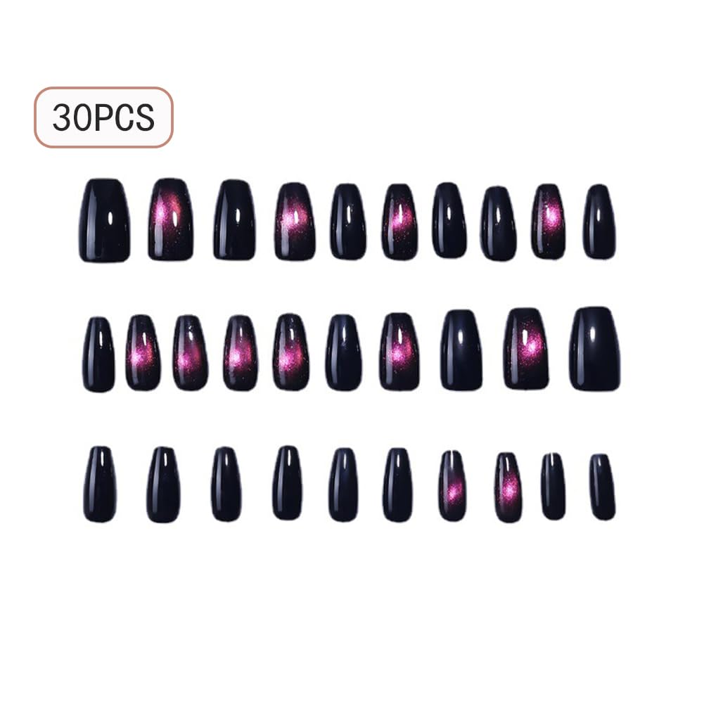 WAFOLOZE Press On Nails Medium Coffin Fake Nails With Glue, Black Cat's Eye Nail Press Ons With Pink Starry Sky Design，Artificial False Nails Stick On Nails for Women-30Pcs