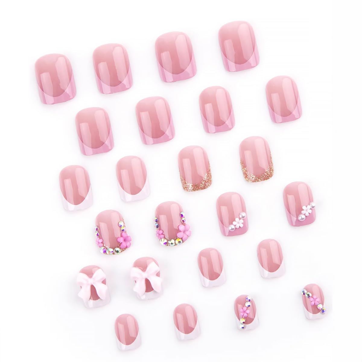 24Pcs French Tip Press on Nails Short Square Fake Nails with Luxury Bow Charms Design Silver Rhinestones Nail Tips False Nails Pink Stick on Nails Nude Full Cover Artificial Glue on Nails for Women