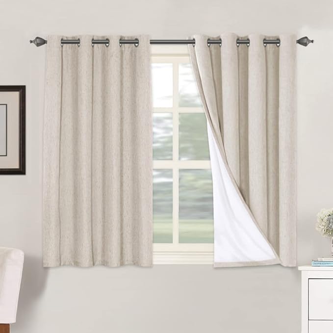 H.VERSAILTEX Linen Blackout Curtains 45 Inches Long 100% Blackout Thermal Insulated Textured Linen Look Curtain Draperies Anti-Rust Grommet, Energy Saving with White Liner, 2 Panels, Natural