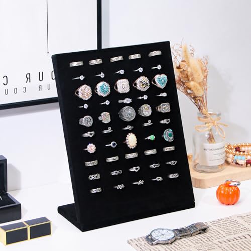 Ring Display Stand, Velvet Ring Holder, 50 Slots Rings Organizer Jewelry Display Tray, L-Shaped Jewelry Organizer Stand for Rings Earrings Selling (2, Black) - color: Black