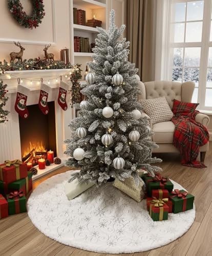 AOGU 60 Inch Sequin Faux Fur Christmas Tree Skirt for Christmas Tree Decorations White Plush Silver Sequin Snowflake Tree Skirt