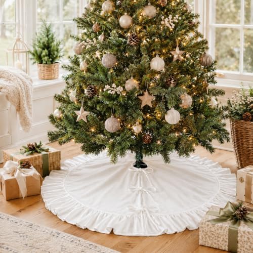 Christmas Tree Skirt,Velvet Tree Skirt with Ruffled Edge, Classic Large Velvet Fur Plush Tree Skirt for Merry Christmas(White,36Inch)