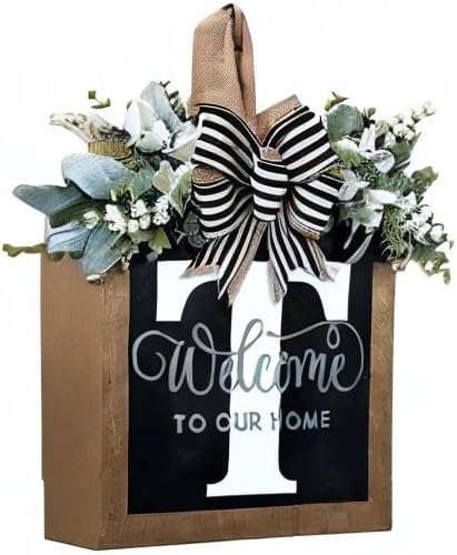 Last Name All Year Round Front Door Wreath with 26 Initial Letter Welcome Sign All Seasons Eucalyptus Garland and Bow ，Farmhouse, Porch, for Spring Summer Fall All Seasons Holiday Halloween Christmas.（T）