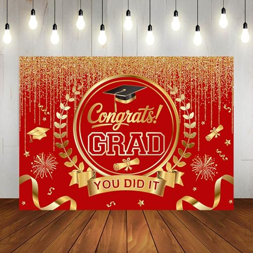 Graduation Backdrop Congrats Grad You Did It Party Decorations Background Congratulations Graduate Class of 2026 Banner Photo Booth Props (Red and Gold, 7x5ft) - color: Red and Gold