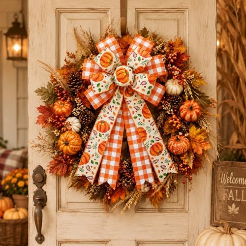 Fall Pumpkin Bow 2 Pack, 20.8 x 11.42 Inch Thanksgiving Wreath Bows with Orange Buffalo Plaid Ribbon, Large Harvest Farmhouse Door Bows for Front Door, Wall, Window, Garland, Autumn Home Decor