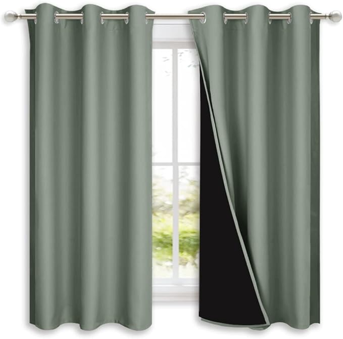 NICETOWN Greyish Green 100% Blackout Lined Curtains, 2 Thick Layers Completely Blackout Window Treatment Panels Thermal Insulated Drapes for Kitchen (1 Pair, 42" Width x 63" Length Each Panel)