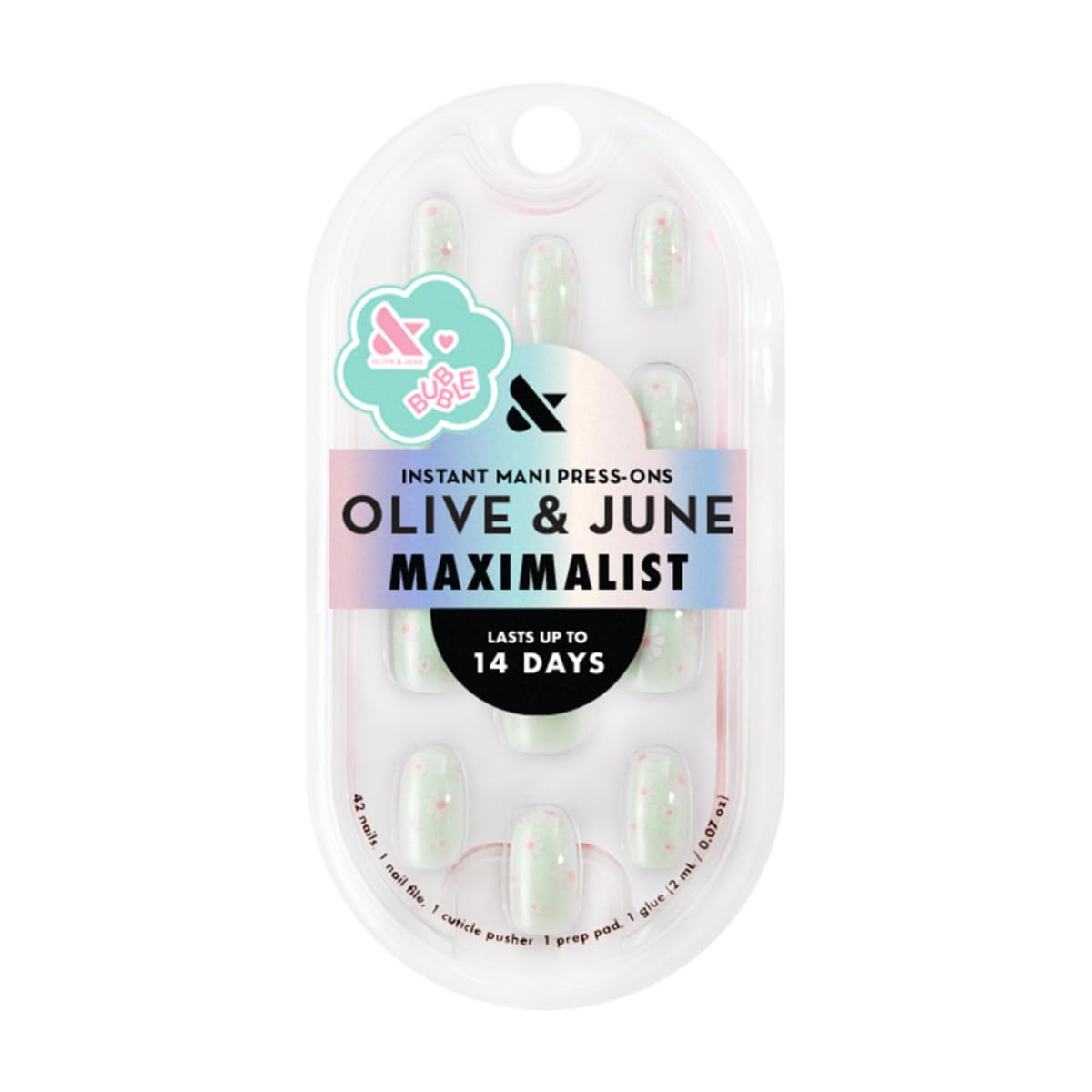 Olive & June Maximalist Instant Mani Press-On Nails (Glue) | 42 Fake Nails, 21 Sizes | Non-Toxic, Long-Lasting Big, Bold Gorgeous Realistic Look | Short, Round | Teal Chrome Flower Shower