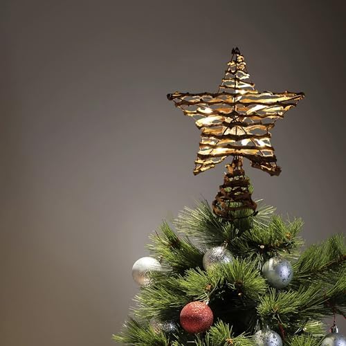 CVHOMEDECO. Rustic Rattan Christmas Tree Star Topper with LED Lights, Farmhouse Christmas Tree Toppers Decoration, 8 x 10 Inch