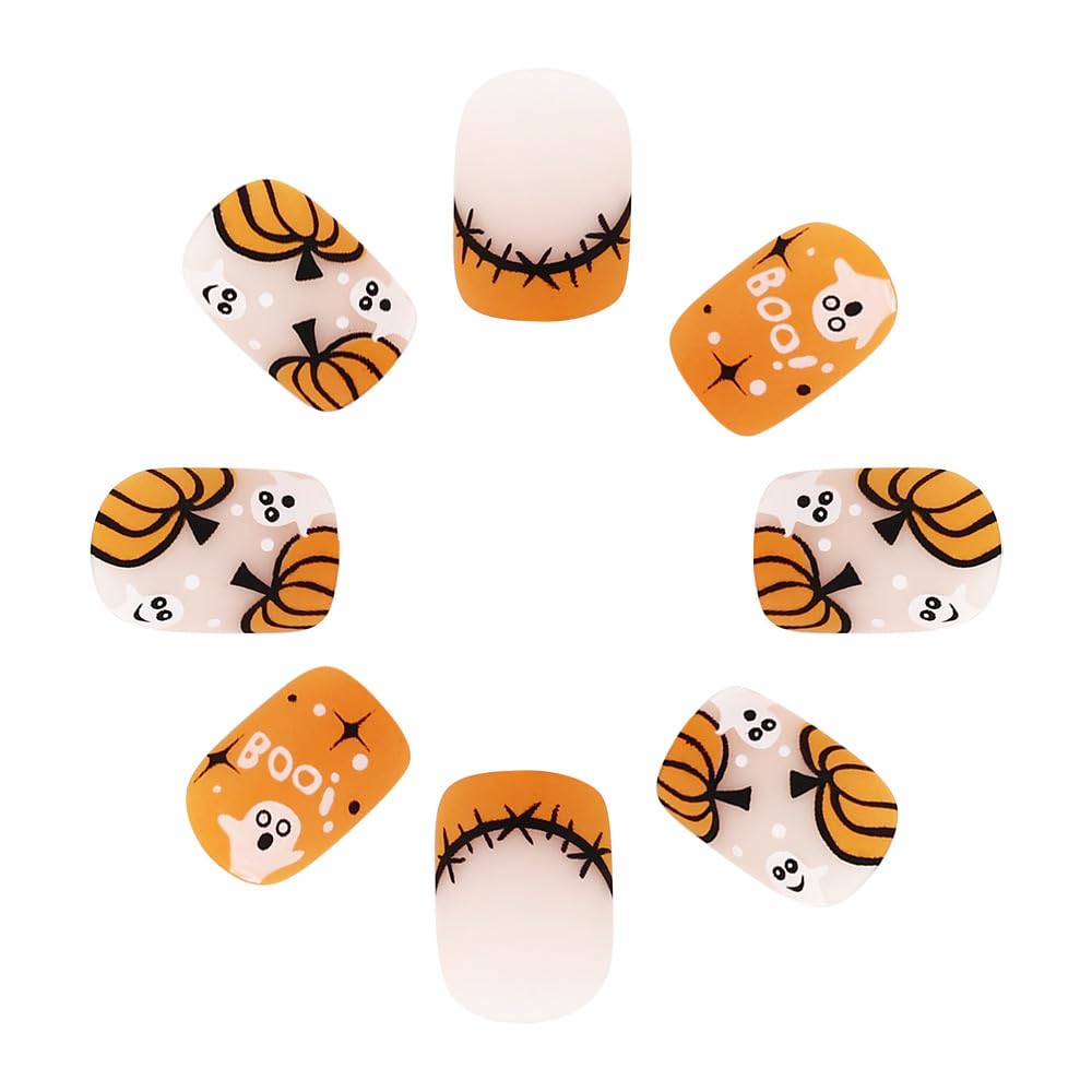 Halloween Press on Nails Short Square Fake Nails Orange Matte Acrylic Nail with Pumpkin Ghost Designs Glue on Nails French Tips False Nail Stick on Nail for Women 24Pcs