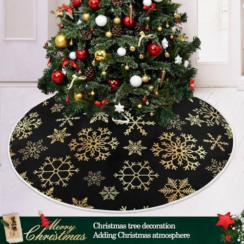 Christmas Tree Skirt 48 inch Gold Black Snowflake Rustic Xmas Tree Skirt Large Holiday Party Tree Mat Rustic Christmas Decorations New Year Xmas Ornaments